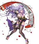  1girl arm_guards bangs bare_shoulders breasts camilla_(fire_emblem) choker cleavage elbow_gloves fake_horns fingerless_gloves fire_emblem fire_emblem_fates fire_emblem_heroes fishnets gloves gold_trim hair_ornament hair_over_one_eye highres holding horns japanese_clothes kunai large_breasts long_hair ninja non-web_source official_art pelvic_curtain purple_eyes purple_hair scroll sencha_(senchat) shiny shiny_hair solo thighhighs transparent_background weapon 