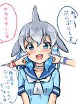  3girls :d ascot bangs blowhole blue_eyes blue_hair blue_sailor_collar cheek_poking chinese_white_dolphin_(kemono_friends) commentary common_bottlenose_dolphin_(kemono_friends) common_dolphin_(kemono_friends) dolphin_girl dorsal_fin grey_hair hair_between_eyes highres kemono_friends long_hair looking_at_viewer multicolored_hair multiple_girls open_mouth poking ribbon sailor_collar shiraha_maru short_sleeves simple_background smile solo_focus straight-on translation_request twitter_username upper_body white_ascot white_background white_hair wrist_ribbon wristband 
