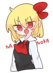 1girl ascot black_vest blonde_hair collared_shirt fang highres medium_hair op_na_yarou red_ascot red_eyes rumia shirt sidelocks simple_background solo touhou v-shaped_eyebrows vest white_background white_shirt 