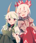  2girls :d blue_background bow closed_mouth commentary_request dress ex-keine fujiwara_no_mokou green_dress green_hair hair_bow horn_bow horn_ornament horns itomugi-kun kamishirasawa_keine long_hair long_sleeves multiple_girls ofuda ofuda_on_clothes open_mouth pants puffy_short_sleeves puffy_sleeves red_bow red_pants shirt short_sleeves simple_background sitting smile suspenders touhou white_hair white_shirt 