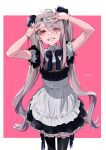  1girl apron arms_up black_bow black_dress black_thighhighs bow bow_legwear bowtie brooch cowboy double_v dress ear_piercing gradient_hair grey_hair grin hair_bow highres jewelry kerorira long_hair looking_at_viewer maid multicolored_hair orange_eyes original piercing pink_hair short_sleeves sidelocks smile solo teeth thighhighs twintails two-tone_background two-tone_hair v very_long_hair white_apron zettai_ryouiki 