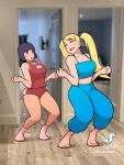  2girls ^_^ baggy_pants barefoot beyonce_(copyright) black_eyes black_hair blonde_hair blue_camisole blue_pajamas blurry blurry_background bob_cut brand_name_imitation breasts camisole casual cleavage closed_eyes cuff_it_dance_challenge_(meme) dancing dolphin_shorts english_commentary full_body highres long_hair medium_breasts meme midriff multiple_girls no_mask pajamas pants photo_background quasimodox rainbow_mika red_shorts red_tank_top short_hair shorts smile socks solid_circle_pupils street_fighter street_fighter_v tan tank_top tiktok tiktok_logo twintails w_arms yamato_nadeshiko_(street_fighter) 