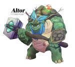  1boy altor animal arrow_in_body blue_neckerchief dungeons_and_dragons highres holding holding_weapon holostars holostars_english knife mushroom neckerchief paladin pkoi regis_altare shell simple_background solo tortoise turtle two-handed war_hammer weapon 
