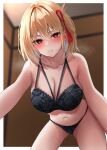  1girl absurdres bangs black_bra black_panties blonde_hair blurry blurry_background blush border bra breasts breath cleavage collarbone hair_ribbon heart heart-shaped_pupils highres large_breasts lycoris_recoil navel nishikigi_chisato one_side_up panties parted_lips poisonousgas red_eyes red_ribbon ribbon short_hair solo stomach symbol-shaped_pupils thighs underwear underwear_only white_border 