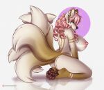 7_tails anthro big_breasts big_butt breasts butt canid canine closed_smile curled_hair female fennec fluffy_tails fox hair half-closed_eyes hi_res huge_breasts long_tail mammal multi_tail narrowed_eyes nipples pawpads piercing piercing_in_the_ears pink_hair pink_nipples sexy_eyes smile solo volodyanocturne 