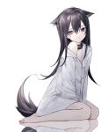  0_(znanimo) 1girl absurdres animal_ear_fluff animal_ears arknights bangs between_legs black_hair closed_mouth collared_shirt commentary dress_shirt ear_piercing english_commentary full_body hair_between_eyes hand_between_legs highres long_hair looking_at_viewer off_shoulder piercing purple_eyes reflection shirt simple_background sitting solo tail texas_(arknights) very_long_hair wariza white_background white_shirt 