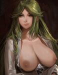  1girl alternate_costume bangs breasts breasts_out dress frilled_dress frills green_hair grey_eyes highres j@ck kid_icarus kid_icarus_uprising large_breasts long_hair looking_to_the_side nipples palutena parted_bangs sidelocks upper_body 