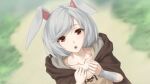  1girl :o animal_ears bandaged_arm bandages bangs blurry blurry_background brown_cloak brown_skirt cloak collarbone depth_of_field dutch_angle grey_hair hands_up highres hood hood_down hooded_cloak looking_at_viewer miura-n315 notched_ear open_mouth original rabbit_ears red_eyes skirt solo swept_bangs 
