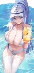  absurdres bikini blue_eyes blue_hair breasts cleavage copyright_request crossed_legs cup drinking_glass drinking_straw food fruit high_ponytail highres holding holding_cup large_breasts lemon lemon_slice lemonade long_eyebrows looking_at_viewer navel nevin_(flyskying) ponytail short_shorts shorts swimsuit thighhighs thighs water wet wet_clothes wet_legwear 