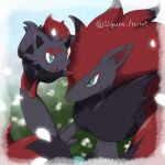  border claws closed_mouth commentary_request fang green_eyes hand_up holding holding_pokemon open_mouth pokemon pokemon_(creature) shigure_rin smile watermark zoroark zorua 