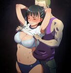  1boy 1girl armpits arms_behind_head arms_up black_background black_hair blue_bra blue_buruma bra breasts buruma cleavage closed_eyes closed_mouth commentary gym_uniform hair_ornament hairclip hairpin kirigaya_suguha large_breasts lifted_by_another navel puge shirt short_hair simple_background sword_art_online tears underwear undressing white_shirt 