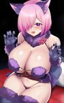  1girl animal_ears bangs bare_shoulders blush breasts claw_pose cleavage elbow_gloves fate/grand_order fate_(series) fur-trimmed_gloves fur-trimmed_legwear fur_collar fur_trim gloves hair_over_one_eye highres lace-trimmed_legwear lace_trim large_breasts light_purple_hair looking_at_viewer mash_kyrielight mash_kyrielight_(dangerous_beast) navel o-ring official_alternate_costume open_mouth purple_eyes purple_gloves purple_thighhighs revealing_clothes short_hair solo tail thighhighs thighs wolf_ears wolf_tail xiaodi 