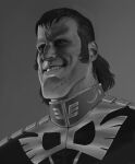  1boy dozle_zabi english_commentary gigachad_(meme) grey_background greyscale gundam highres looking_afar manly medium_hair meme military military_uniform mobile_suit_gundam monochrome realistic scar sideburns simple_background smile tekka_croe uniform zeon 