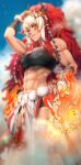  1girl aduti_momoyama arm_up bandeau bangs breasts chest_sarashi commentary_request facial_mark fire_emblem fire_emblem_fates fire_emblem_heroes grin highres long_hair looking_at_viewer medium_breasts midriff multicolored_hair muscular official_alternate_costume pelvic_curtain red_eyes red_hair rinkah_(fire_emblem) sarashi smile solo standing stomach strapless tube_top two-tone_hair very_long_hair whisker_markings white_hair wrist_wrap 