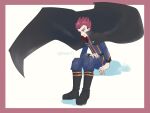  1boy black_cape black_footwear boots border cape closed_mouth commentary_request floating_cape hand_on_own_thigh high_collar highres jacket lance_(pokemon) long_sleeves looking_down male_focus pants pants_tucked_in pokemon pokemon_(game) pokemon_hgss red_hair rising147 short_hair sitting solo spiked_hair twitter_username 
