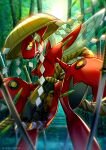  artist_name blurry bokeh commentary_request day depth_of_field ekm forest hat hatted_pokemon highres looking_back nature no_humans outdoors pincers pokemon pokemon_(creature) rope scizor solo standing tree watermark yellow_eyes 