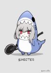  1girl animal_costume arknights bangs character_name chibi circular_saw closed_mouth commentary_request full_body grey_background grey_hair hair_between_eyes highres looking_at_viewer poaro red_eyes shadow shark_costume simple_background solo specter_(arknights) standing twitter_username 