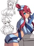  1girl ass blue_eyes blue_gloves blue_jacket blue_shorts breasts cropped_jacket gloves hair_ornament highres hizakake huge_breasts jacket midriff one_side_up pokemon pokemon_(game) pokemon_bw red_hair short_hair_with_long_locks short_shorts shorts sidelocks skyla_(pokemon) solo thighs turtleneck 