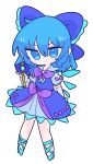  1girl blue_bow blue_dress blue_eyes blue_footwear blue_hair bow bowtie cirno collared_dress dress frilled_bow frilled_dress frills hair_bow highres ice ice_wings magical_girl op_na_yarou puffy_short_sleeves puffy_sleeves purple_bow purple_bowtie short_hair short_sleeves simple_background solo touhou white_background wings 