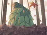  autumn autumn_leaves burmy burmy_(plant) commentary_request day from_below highres looking_up luna_mokamoka no_humans outdoors pokemon pokemon_(creature) solo tree yellow_eyes 