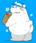  2022 anthro belly biped black_nose blue_background blush bodily_fluids box butt clothing container eyes_closed gayousi7 hat headgear headwear hi_res kemono mammal overweight polar_bear simple_background solo sweat ursid ursine white_body 