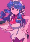  1girl blue_hair blush breasts chinese_clothes closed_mouth food highres menma_(enaic31) noodles pink_background ramen ranma_1/2 shampoo_(ranma_1/2) simple_background smile solo twitter_username waitress 