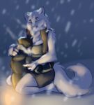 2021 ambiguous_gender anthro arctic_wolf biped breasts canid canine canis digital_media_(artwork) duo embrace eyes_closed female fur head_between_breasts hi_res human human_on_anthro interspecies larger_anthro larger_female mammal outside parka patecko size_difference smaller_ambiguous smaller_human snow white_body white_fur wolf 
