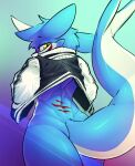  2022 absurd_res anthro blue_body bottomless butt clothed clothing dragon fin glistening glistening_body gradient_background hand_in_pocket hi_res jacket kemono looking_at_viewer looking_back looking_back_at_viewer low-angle_view macon_maro male markings pockets red_markings simple_background solo tail_fin topwear walking white_body yellow_eyes 