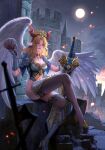  1girl angel angel_wings animal_ears armor asymmetrical_gloves black_gloves black_thighhighs blonde_hair breasts castle cleavage cover crossed_legs crown demon demon_girl demon_horns english_commentary fan_yang_(jiuge) feathered_wings fire flame forehead full_body gloves gold_trim greaves hand_up high_heels highres holding holding_skull holding_sword holding_weapon hood hood_up horns lace-trimmed_legwear lace_trim long_hair looking_at_viewer medium_breasts moon navel night night_sky original outdoors parted_lips red_eyes red_gloves ruins shoulder_armor single_greave skull sky solo spark sparkle sword thighhighs thighs uneven_gloves weapon white_wings wings 