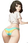  1girl absurdres ass bangs black_hair blush breasts brown_eyes brown_hair cleavage highres kawakami_sadayo looking_at_viewer persona persona_5 shirt short_hair simple_background smile solo striped swimsuit x_xith_x 