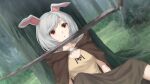  1girl :o animal_ears bangs blurry blurry_background breasts brown_cloak brown_shirt cloak commentary day depth_of_field english_commentary grey_hair highres hood hood_down hooded_cloak miura-n315 notched_ear original outdoors parted_lips rabbit_ears red_eyes rust shirt short_sleeves small_breasts solo swept_bangs thick_eyebrows tree weapon weapon_request 