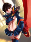  1girl absurdres black_hair breasts chainsaw_man cosplay crossover embarrassed gloves highres kellila93 kill_la_kill large_breasts long_hair looking_at_viewer matoi_ryuuko matoi_ryuuko_(cosplay) midriff mitaka_asa navel neck_ribbon open_mouth revealing_clothes ribbon scissor_blade senketsu simple_background skirt solo suspenders sword thighhighs twintails underboob weapon yellow_eyes 