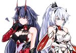  2girls absurdres ahoge bangs bare_shoulders blue_eyes blush breasts closed_mouth commentary_request dress earrings expressionless gauntlets gloves hair_between_eyes hair_ornament highres honkai_(series) honkai_impact_3rd horns jewelry kiana_kaslana kiana_kaslana_(herrscher_of_flamescion) long_hair multiple_girls ponytail purple_hair raiden_mei raiden_mei_(herrscher_of_thunder) sen_jin_chen simple_background upper_body white_background white_hair 