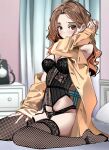  bad_source bed breasts brown_eyes cleavage coat corset highres lingerie long_hair medium_breasts original sydus thighhighs thighs thong trench_coat underwear 