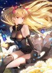  1girl bangs bare_shoulders black_dress blonde_hair breasts closed_mouth detached_sleeves dress earrings ereshkigal_(fate) fate/grand_order fate_(series) floating_hair flower hair_ribbon highres hoop_earrings jewelry long_hair looking_to_the_side medium_breasts parted_bangs red_eyes revision ribbon siino single_thighhigh sitting skull solo thighhighs tiara twitter_username two_side_up very_long_hair 