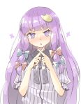  1girl :o arnest bangs blue_bow blunt_bangs blush bow crescent crescent_hair_ornament hair_ornament highres long_hair looking_at_viewer no_headwear open_mouth patchouli_knowledge purple_eyes purple_hair simple_background solo star_(symbol) touhou upper_body white_background x_fingers 