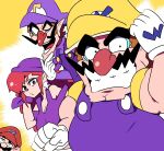  1girl 3boys anniversary brown_hair captain_syrup chicken-rib curly_hair eyeshadow facial_hair gloves grin hand_on_own_chin highres looking_at_viewer makeup mario mario_(series) multiple_boys mustache one_eye_closed overalls pose red_hair short_sleeves smile waluigi wario wario_land 