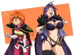 2girls absurdres breast_envy breasts closed_mouth flowers-imh gloves highres large_breasts lina_inverse multiple_girls naga_the_serpent navel open_mouth orange_hair purple_gloves purple_hair red_eyes slayers teeth white_gloves 