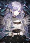  1girl angel angel_wings black_skirt bracelet chocolate4170615 earrings gloves highres jewelry long_hair long_sleeves looking_at_viewer original purple_eyes purple_hair purple_theme shirt skirt solo wavy_hair white_gloves white_shirt wings 