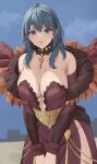  1girl absurdres alternate_costume amayo_thranana bangs bare_shoulders blue_eyes blue_hair breasts byleth_(fire_emblem) byleth_(fire_emblem)_(female) cleavage collarbone commentary_request cornelia_arnim cornelia_arnim_(cosplay) cosplay dress feathers fire_emblem fire_emblem:_three_houses highres huge_breasts jewelry key_necklace long_sleeves looking_at_viewer medium_hair necklace off-shoulder_dress off_shoulder plunging_neckline red_dress smile solo thighs 