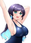  1girl :d aqua_eyes arched_back arm_behind_head armpits arms_up bangs blue_hair blush breasts cleavage collarbone colored_inner_hair commentary commentary_request curvy from_side hair_down halterneck highres kooei large_breasts long_hair looking_at_viewer love_live! love_live!_school_idol_project multicolored_hair new_school_swimsuit one-piece_swimsuit open_mouth parted_bangs partial_commentary purple_hair school_swimsuit sideboob simple_background smile solo swept_bangs swimsuit toujou_nozomi two-tone_hair undersized_breast_cup undersized_clothes upper_body wavy_hair white_background 