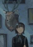  1girl absurdres bangs black_shirt brown_eyes brown_hair collared_shirt deer deer_head earrings highres indoors jewelry katakai looking_to_the_side neckerchief original shirt short_hair solo taxidermy trophy_head upper_body 