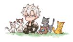  1boy :3 agatsuma_zenitsu animal animalization bangs black_pants black_socks blank_eyes cat chibi cross_scar demon_slayer_uniform excited fangs flip-flops food_in_mouth food_request frown full_body green_eyes grey_hair haori hashibira_inosuke jacket japanese_clothes kamado_nezuko kamado_tanjirou kimetsu_no_yaiba knee_up krit leg_wrap long_sleeves looking_at_animal looking_away mouth_hold open_mouth pants pants_tucked_in pig_head pink_eyes puffy_pants purple_eyes red_eyes sandals sanpaku scar scar_on_cheek scar_on_chest scar_on_face scar_on_forehead scar_on_nose scared shinazugawa_sanemi short_hair sideways_glance sitting socks standing tabi twitter_username white_background white_jacket 