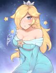  1girl :o bare_shoulders blonde_hair blue_dress blue_eyes breasts brooch cleavage commentary crown dress hair_over_one_eye highres jewelry large_breasts long_hair long_sleeves looking_at_viewer mario_(series) mini_crown off-shoulder_dress off_shoulder parted_lips purrlucii rosalina solo star_(symbol) super_mario_galaxy upper_body very_long_hair 