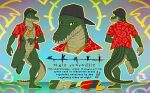  2021 abstract_background anthro artist_name belly_scales black_clothing black_hat black_headwear bottomless clothed clothing crocodile crocodilian crocodylid dated english_text featureless_crotch feet front_view green_body green_scales hat headgear headwear hi_res humanoid_feet jewelry looking_at_viewer male model_sheet mouth_closed necklace open_clothing open_topwear pecs pupils raised_leg rear_view red_clothing red_topwear reptile scales scalie skavi slash_freezen slit_pupils solo standing text topwear 