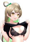  1girl :p black_bra black_shirt bow bra breasts brown_hair cleavage clothes_lift collarbone colored_inner_hair dot_nose green_bow green_hair hair_bow highres kooei lace lace_bra lace_trim lifted_by_self long_hair looking_at_viewer love_live! love_live!_school_idol_project medium_breasts minami_kotori multicolored_hair shadow shirt shirt_lift simple_background single_hair_ring solo string_bra tongue tongue_out two-tone_hair two_side_up underwear upper_body white_background yellow_eyes 