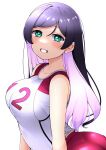  1girl alternate_costume aqua_eyes arched_back ass bangs bare_arms bare_shoulders blush breasts buruma colored_inner_hair commentary_request curvy from_side grin highres kooei large_breasts long_hair looking_at_viewer love_live! love_live!_school_idol_project multicolored_hair parted_bangs purple_hair red_buruma shirt simple_background sleeveless smile solo sportswear swept_bangs tank_top toujou_nozomi upper_body volleyball_uniform white_background white_shirt white_tank_top 