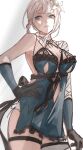  1girl absurdres bandaged_arm bandaged_neck bandages bangs black_gloves blue_dress blue_eyes blunt_bangs braid breasts cleavage cowboy_shot dress flower gloves hair_flower hair_ornament hand_on_hip highres kaine_(nier) large_breasts lingerie looking_to_the_side negligee nier nier_(series) pants parted_lips single_bare_shoulder solo standing thigh_strap toto underwear white_background white_flower white_pants 