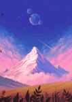  animated animated_gif cloud dusk english_commentary falling_leaves grass grasslands highres landscape leaf moon mountain mountainous_horizon multiple_moons nature no_humans original outdoors pink_clouds pixel_art purple_sky sky star_(sky) starry_sky tofupixel wind 