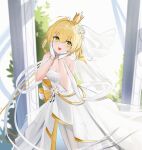 1girl :d azur_lane bangs bare_shoulders blonde_hair breasts choker cleavage crown dress flower gloves green_eyes hair_flower hair_ornament hands_on_own_cheeks hands_on_own_face highres looking_at_viewer open_mouth pantyhose pillar qing_wu short_hair small_breasts smile solo southampton_(azur_lane) strapless strapless_dress veil wedding_dress white_choker white_dress white_flower white_gloves white_pantyhose 